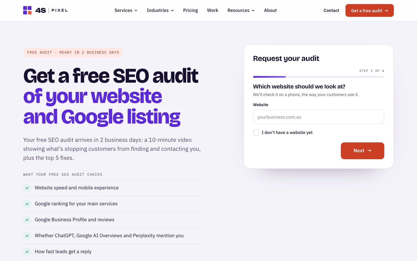 Free SEO audit page with the four-step form
